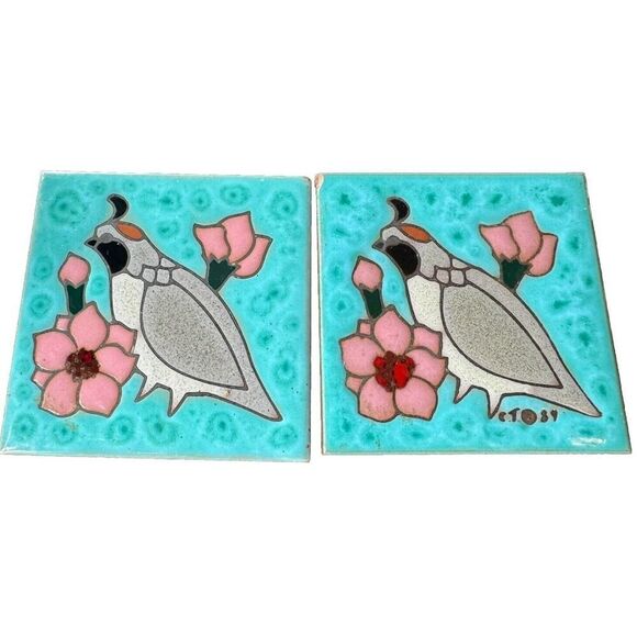 Vintage Cleo Teissedre Ceramic Quail Southwest Hand Painted Tile Trivet Set Rare - Picture 1 of 5